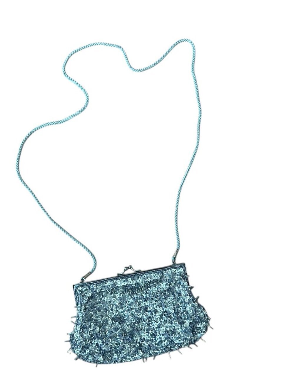 Vintage Inspired Beaded Sequined Evening Bag  Detachable Rope Strap Clutch